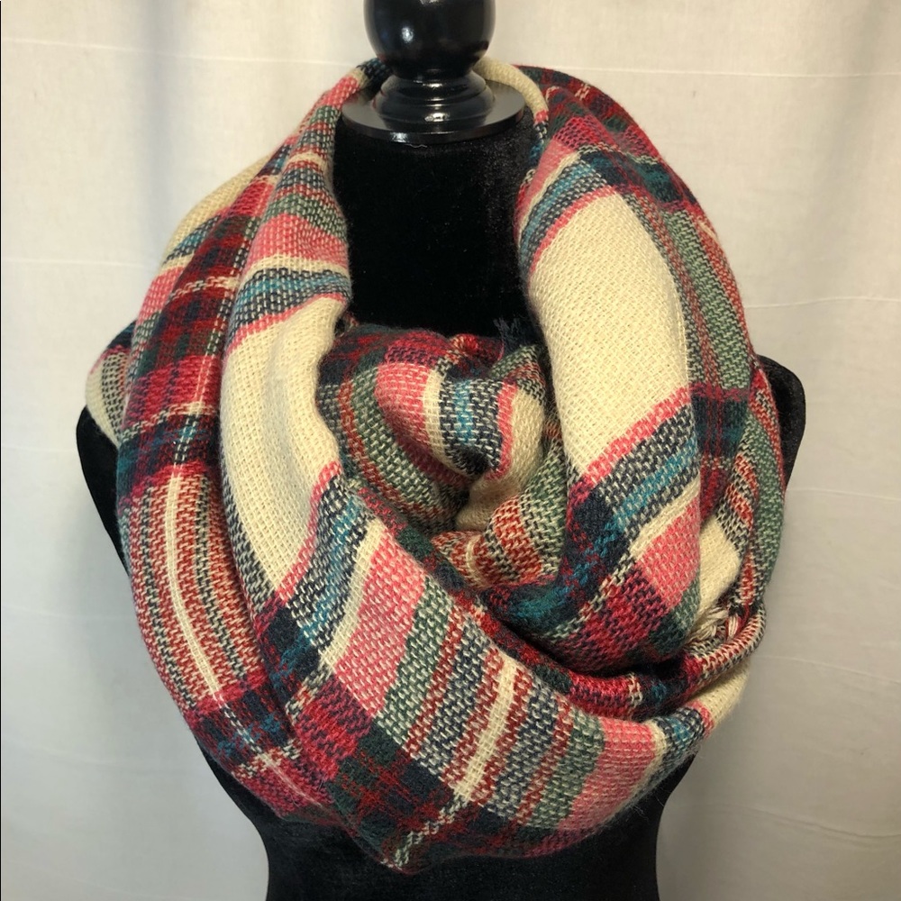 Plaid Blanket Winter Scarf - Cream & Pink